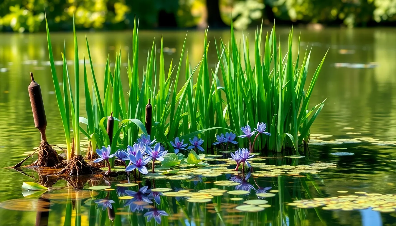 Aquatic plants in a serene pond showcasing emergent, floating, and submerged types.