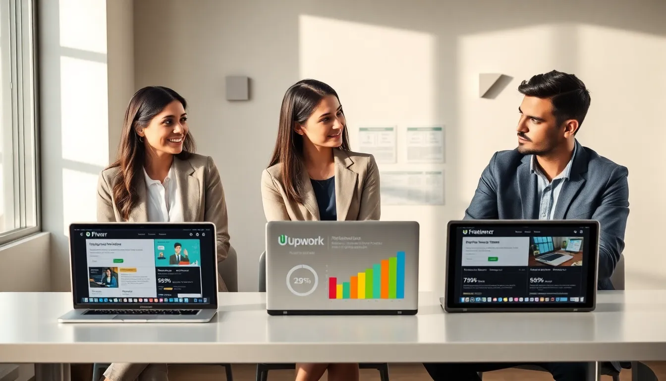 Freelancers discussing three platforms: Fiverr, Upwork, and Freelancer.