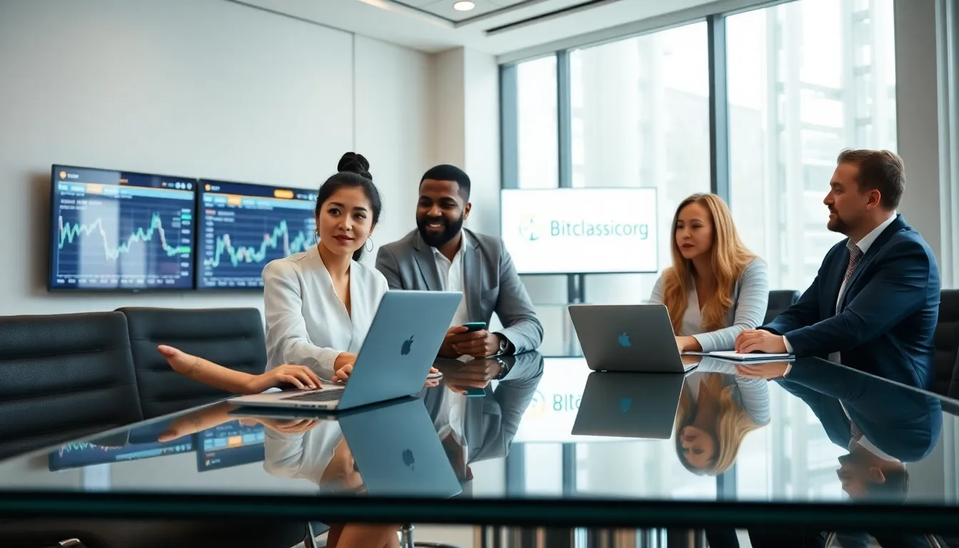 diverse team discussing cryptocurrency strategies in a modern office.