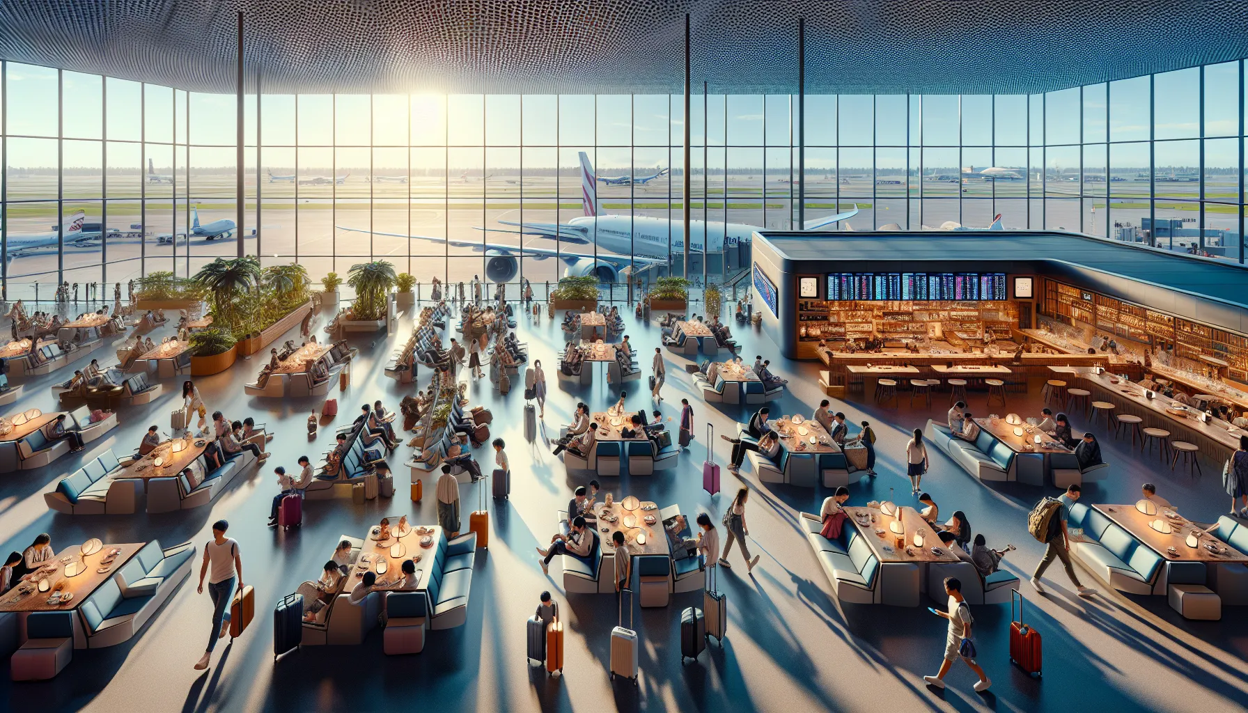 A lively airport terminal showcasing travel activities and modern amenities.