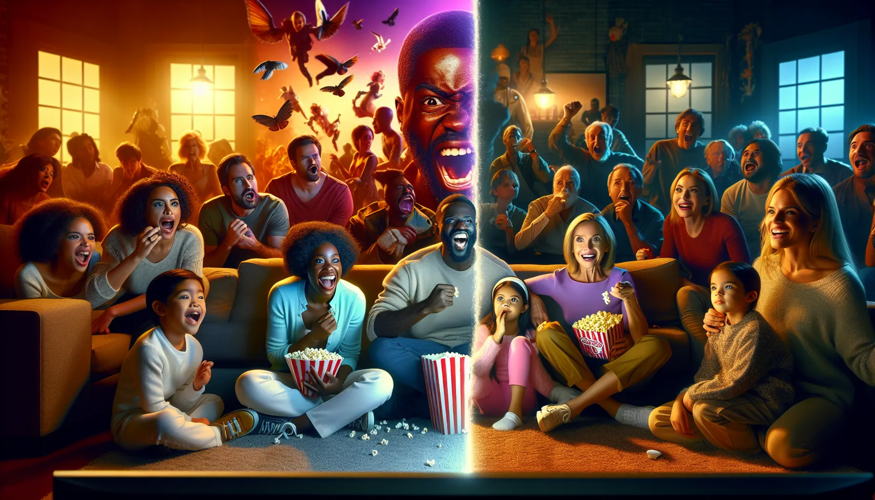 A visual comparison of MA and R movie ratings with adults and a family watching films.