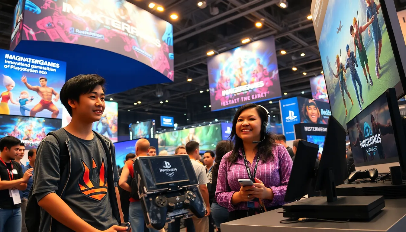 a gaming convention booth for ImagineerGames with excited attendees playing.