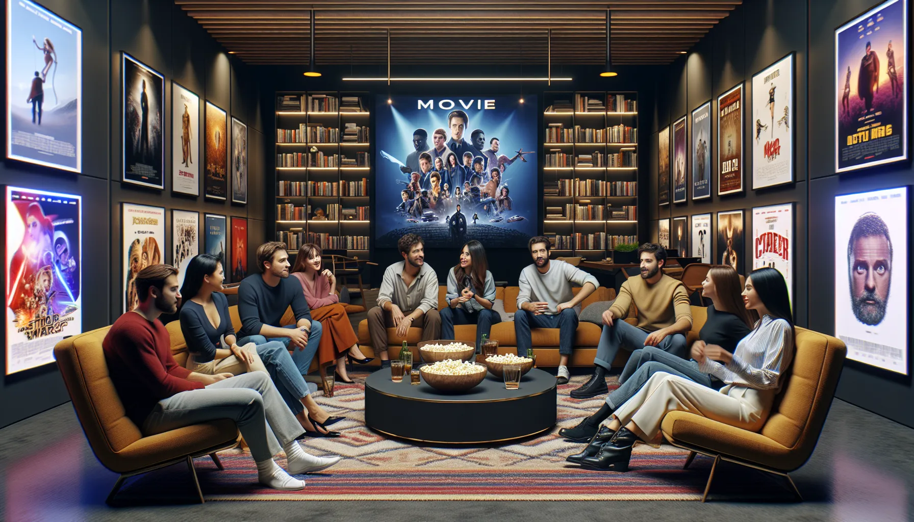 group of movie lovers discussing films in a cozy lounge.