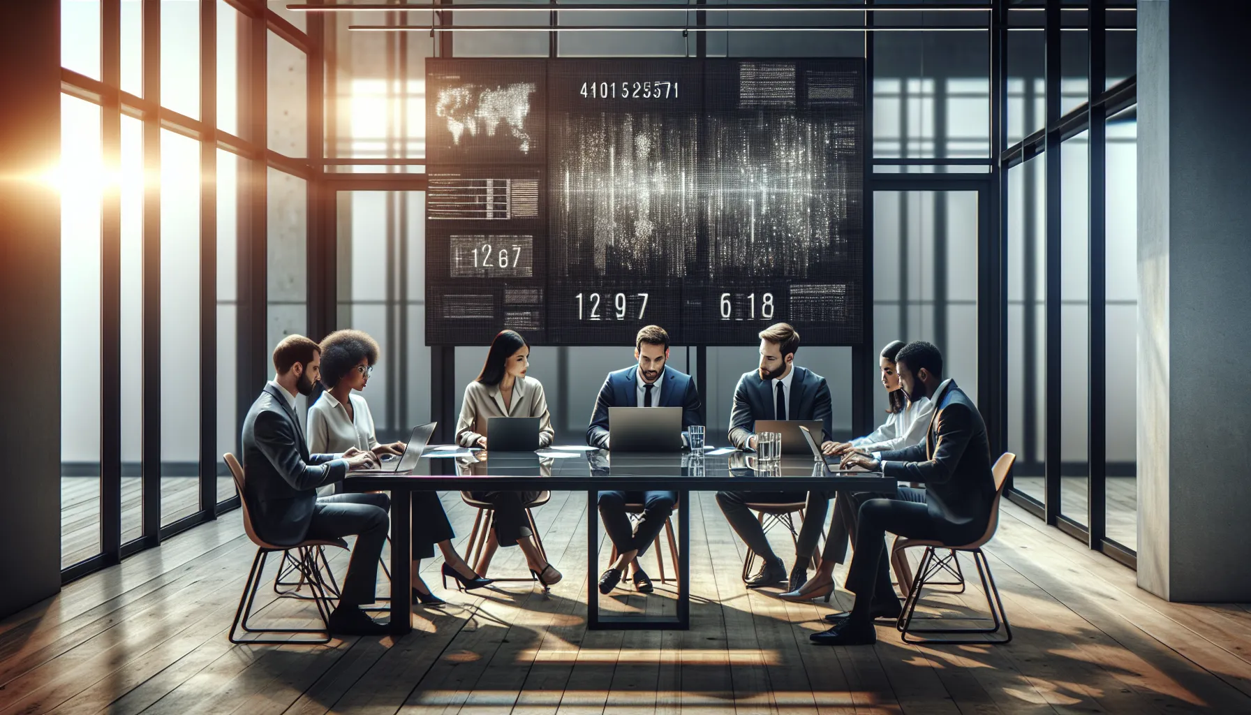 diverse team discussing analytics in a modern office.