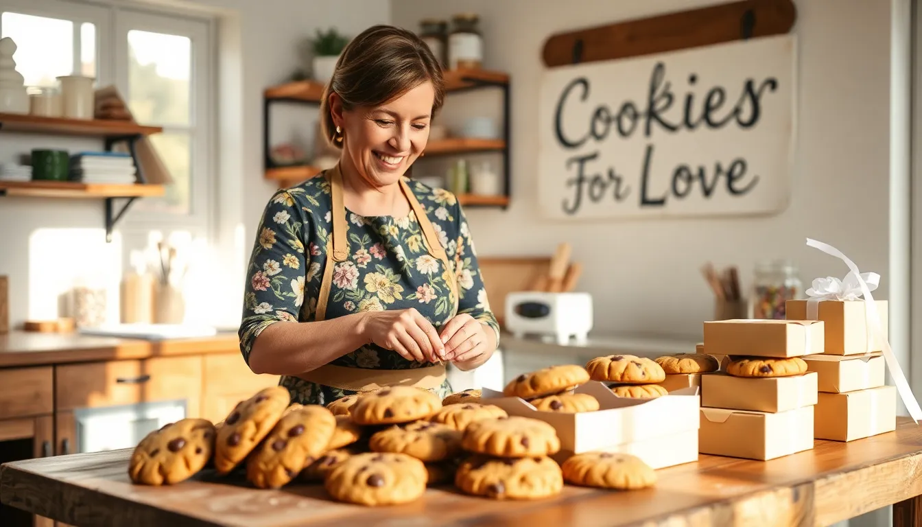 A woman decorates cookies in a cozy kitchen filled with baking supplies.