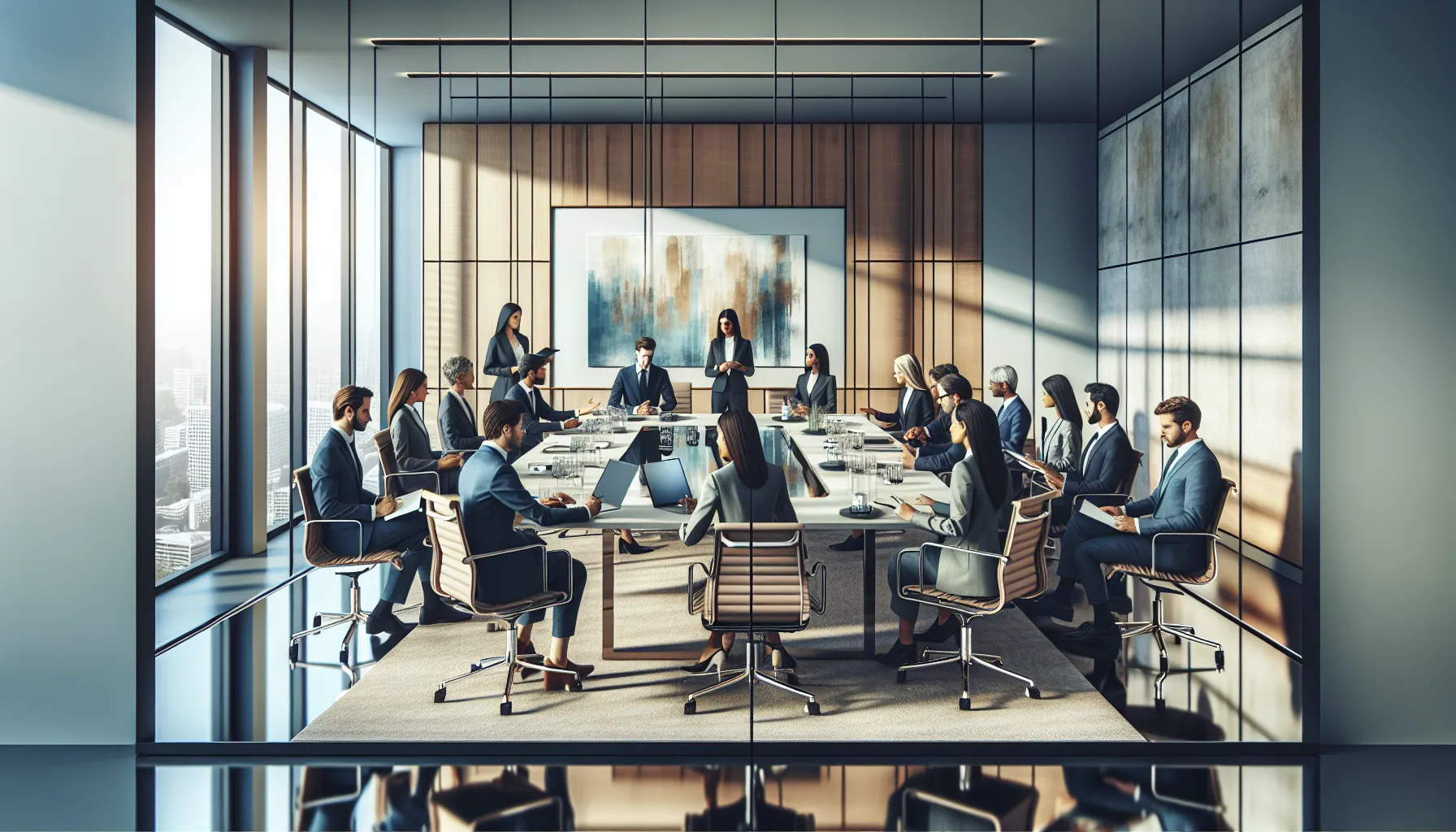 diverse scholars discussing in a modern conference room.