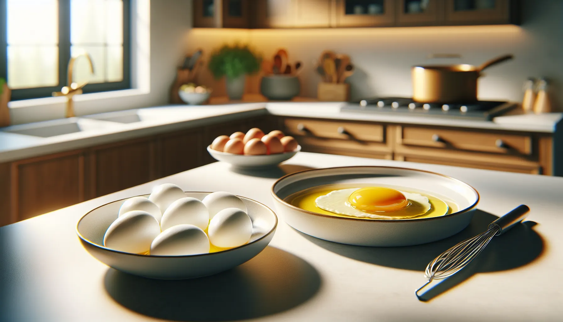 Two plates of eggs: boiled and fried, on a kitchen countertop.