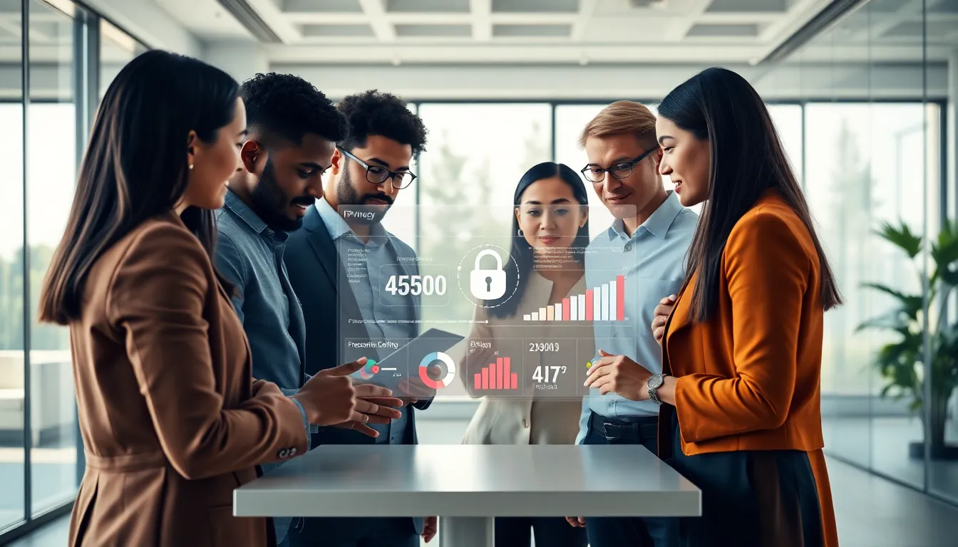 diverse team discussing online privacy solutions in a modern office.