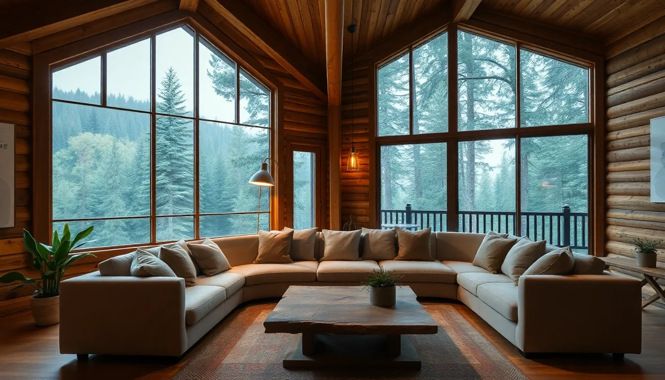 cozy cabin interior with wooden features and large windows showcasing nature.