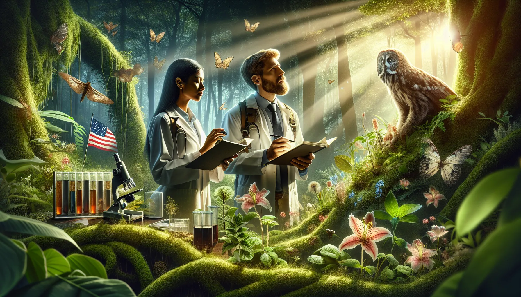 diverse researchers studying biodiversity in a natural setting.