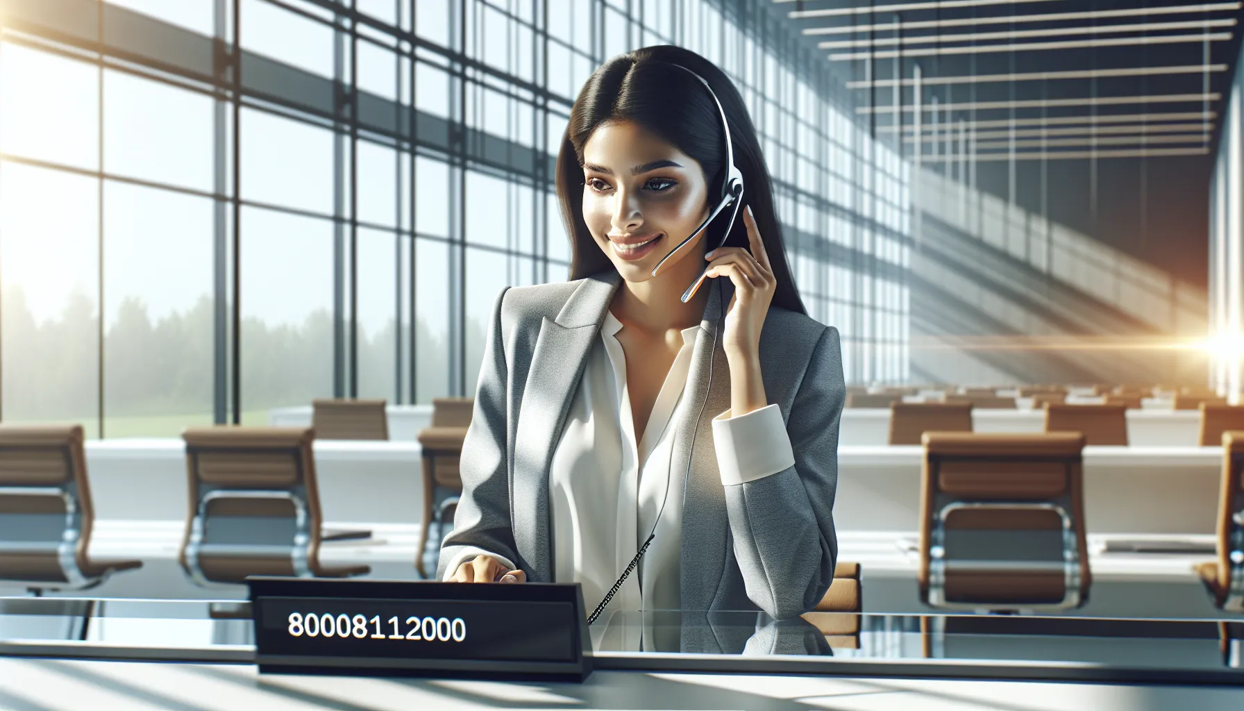customer service professional at a modern desk with a toll-free number display.