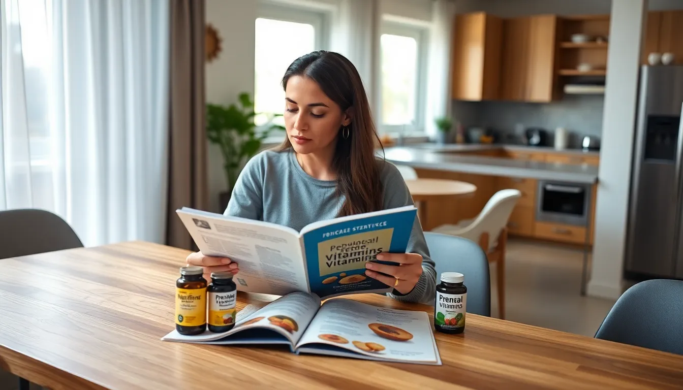 woman researching prenatal vitamins in a bright kitchen.
