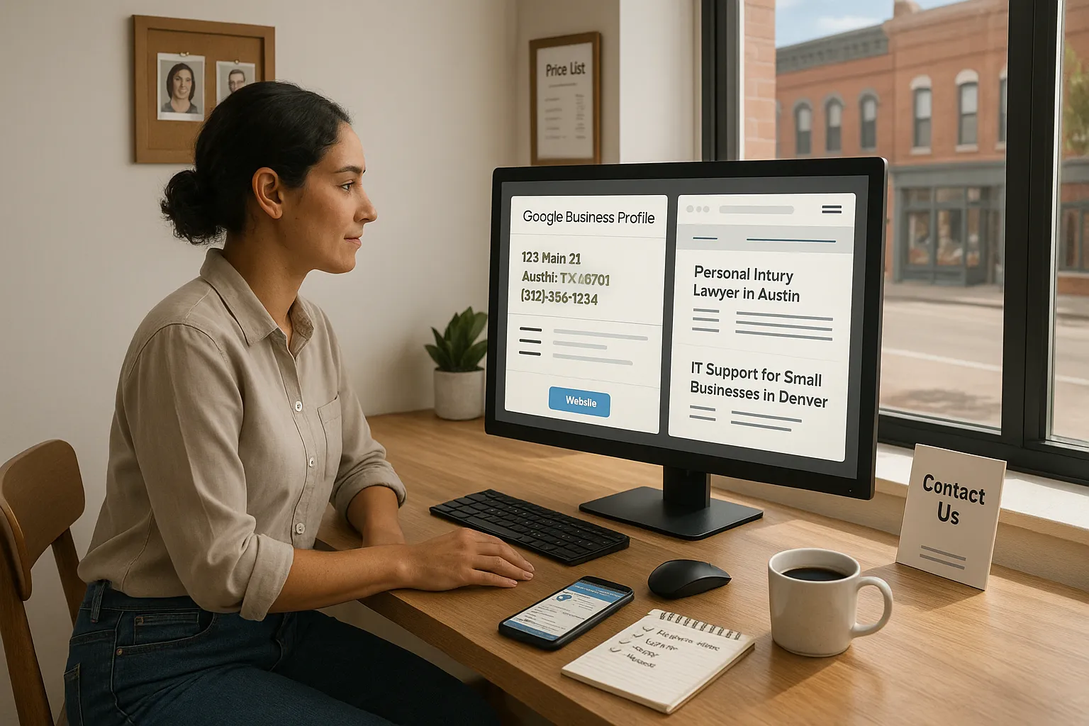 Small business owner optimizes local listings and website for local search visibility.