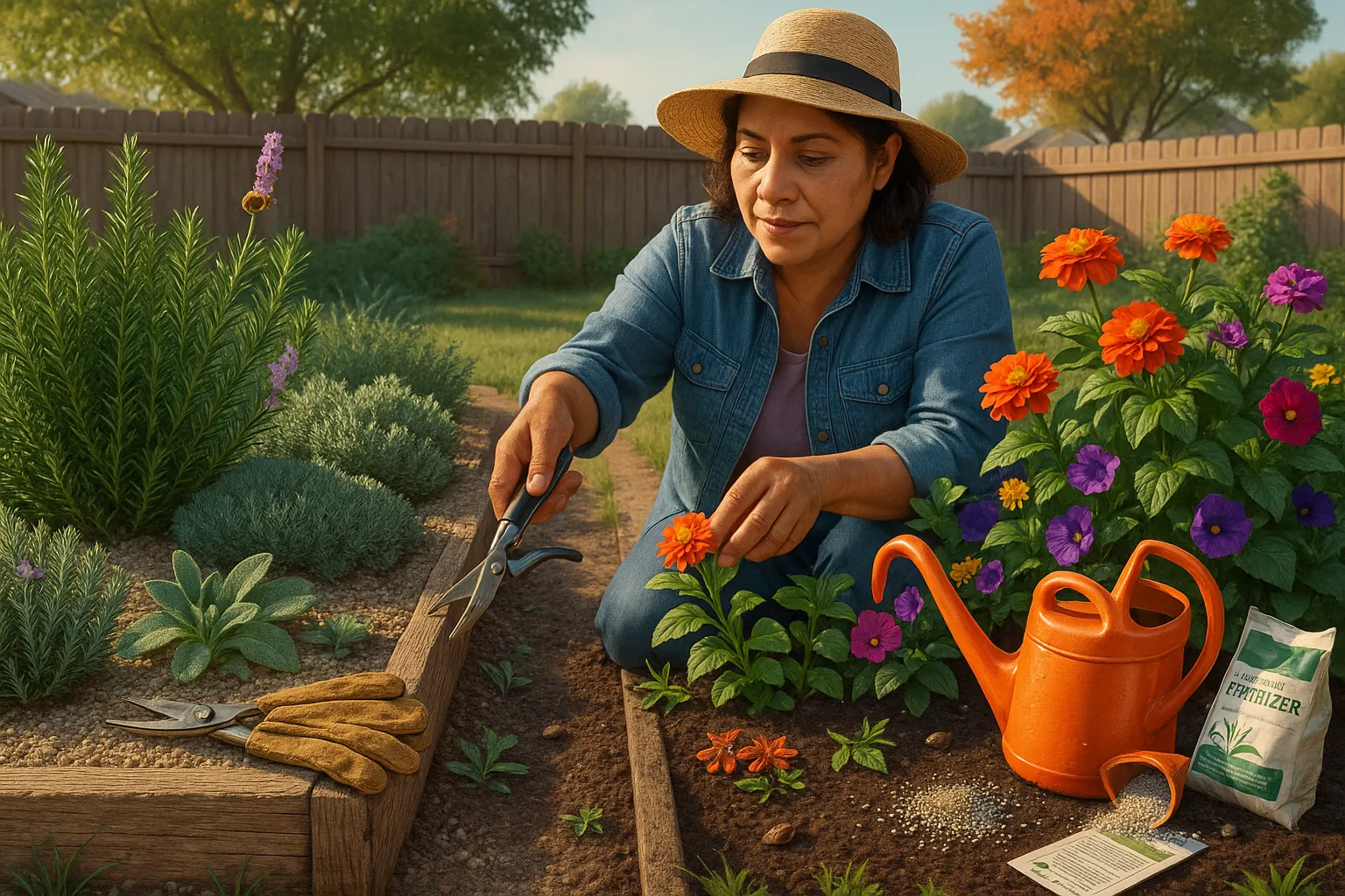 split garden bed showing ornamental herbs versus colorful bedding plants