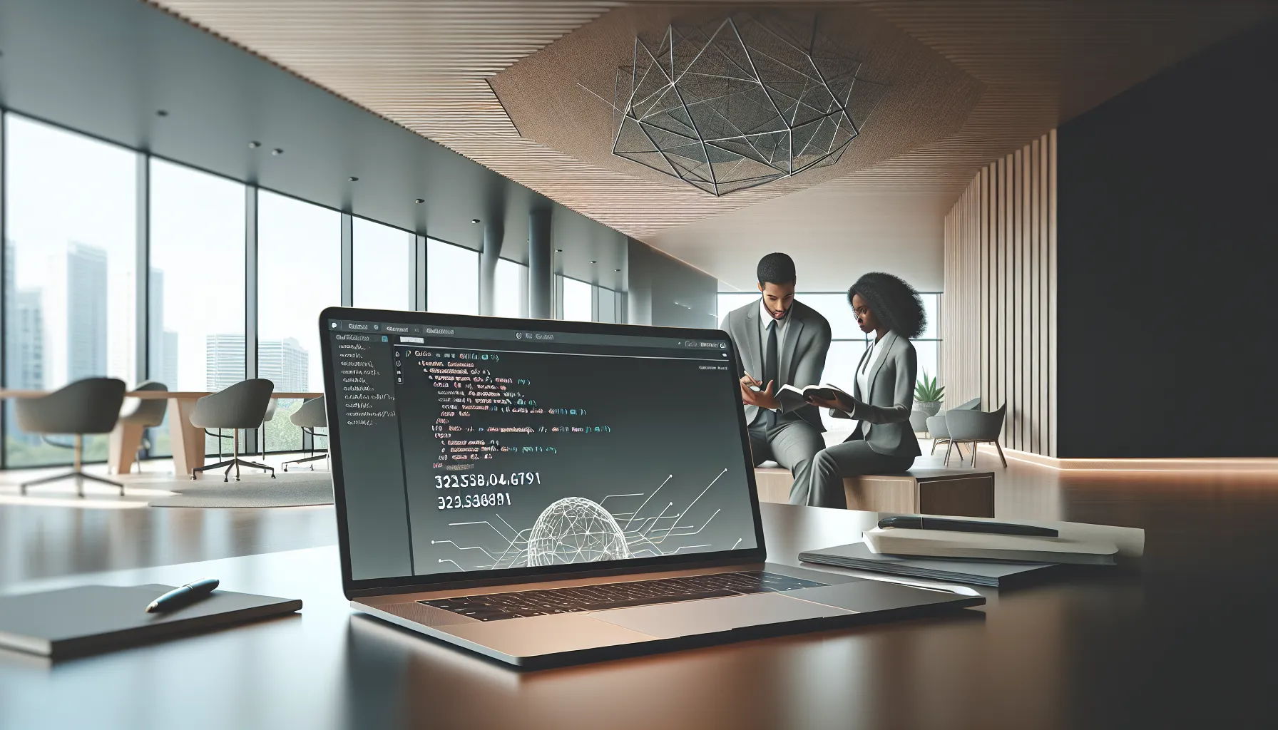 Laptop displaying IP address validation in a modern office setting.
