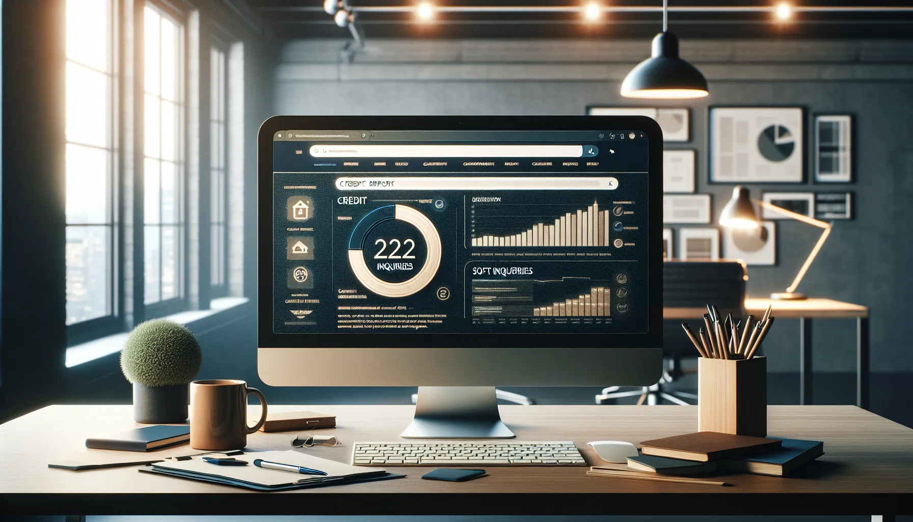 A desktop setup displaying a digital credit report screen with visible soft inquiry infographics.