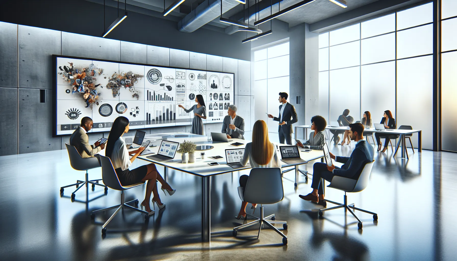 diverse professionals collaborating in a modern educational workshop.