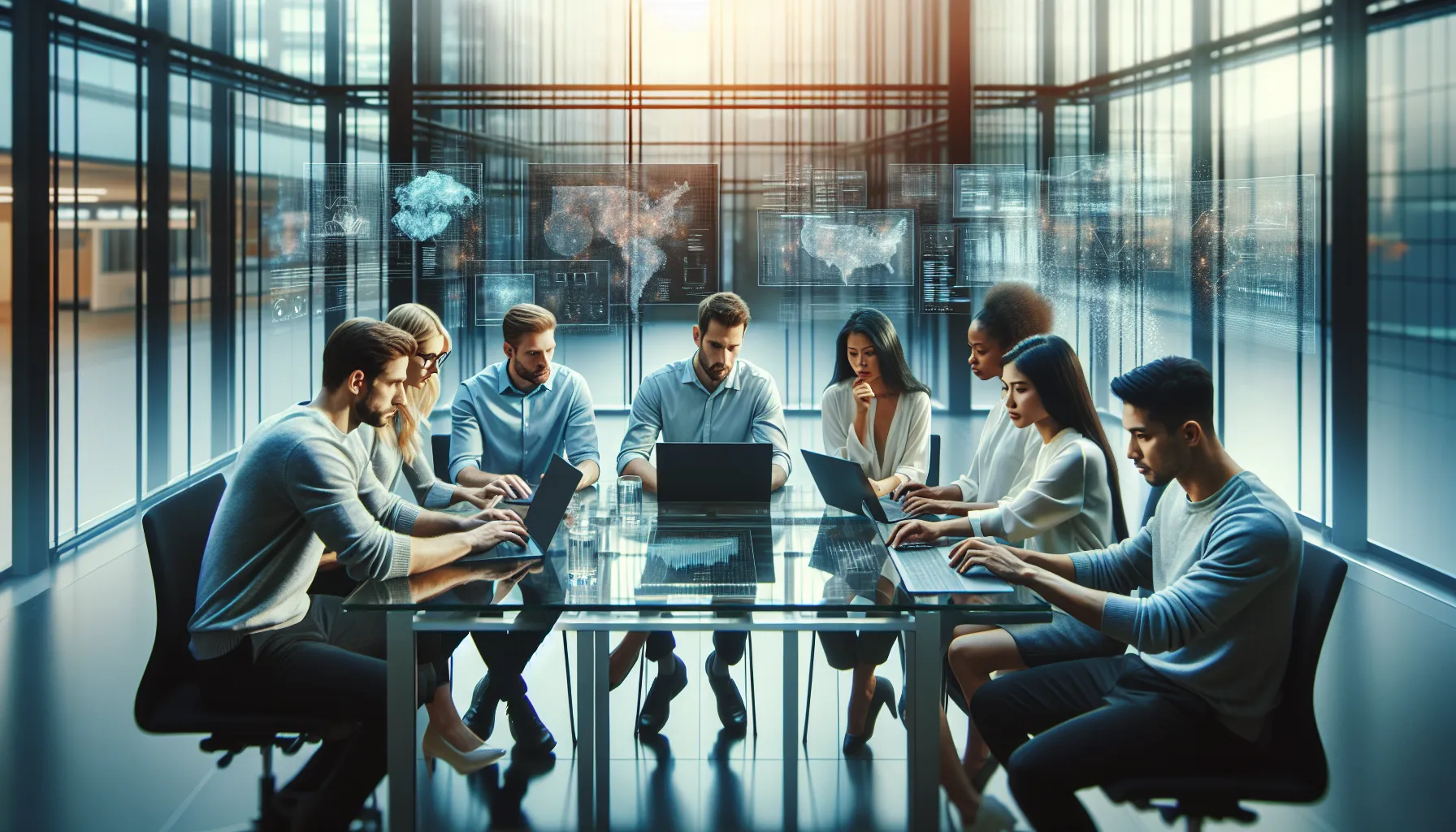 diverse team analyzing data in a modern office setting.