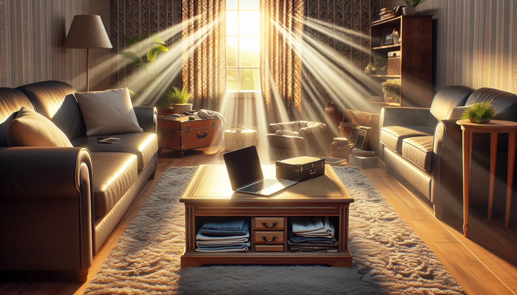 A living room with an old and new laptop, showing assets of varying conditions.