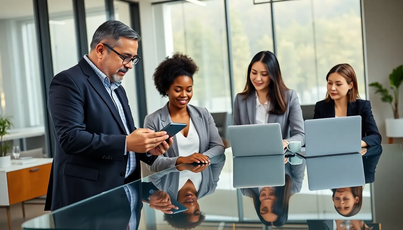 professionals using mobile payroll apps in a modern office setting.