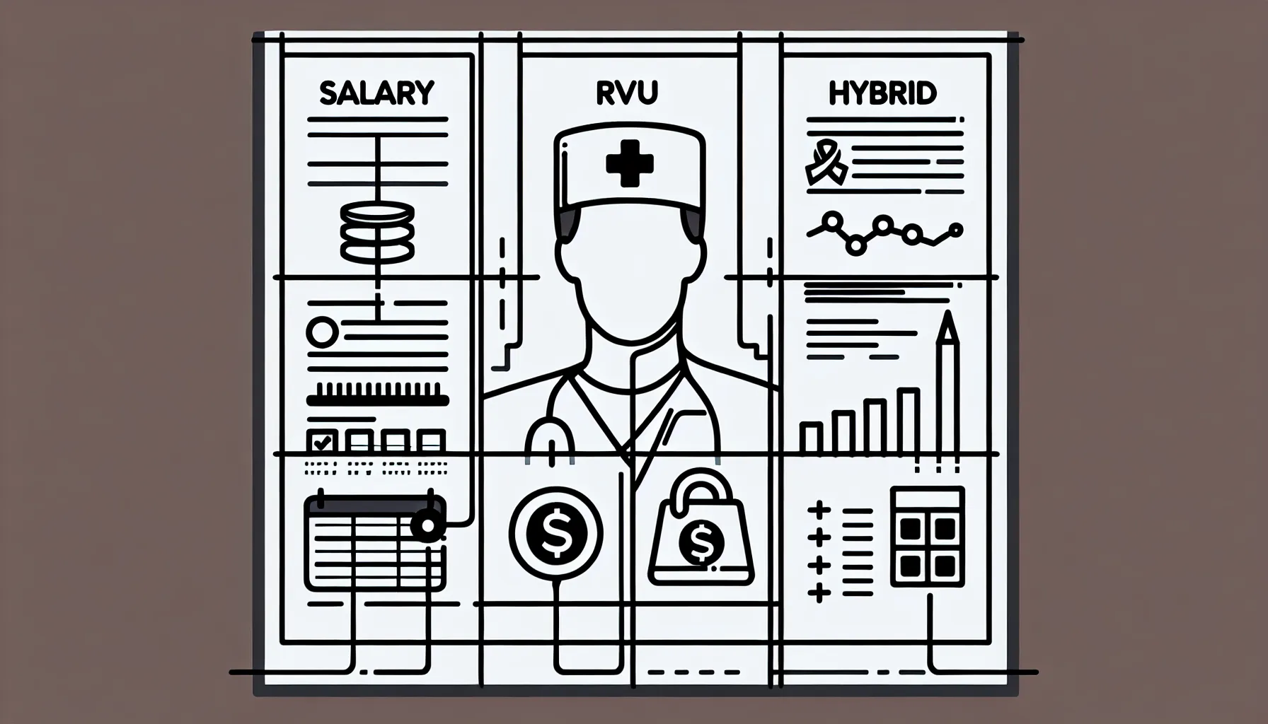 Doctor silhouette pointing to three panels labeled Salary, RVU, and Hybrid