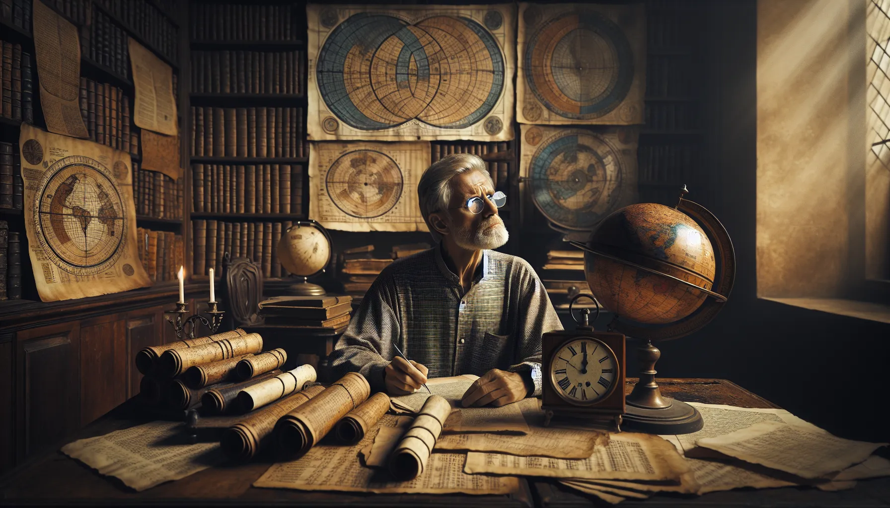 an elderly historian analyzing BC and AD timelines with ancient scrolls.