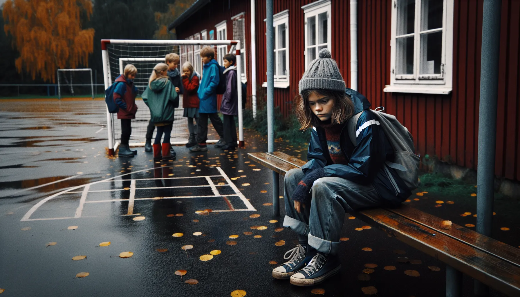 Hvordan gjenkjenne tidlige tegn på mobbing hos barn 3 Norwegian schoolgirl sits alone on a bench while older classmates whisper nearby.