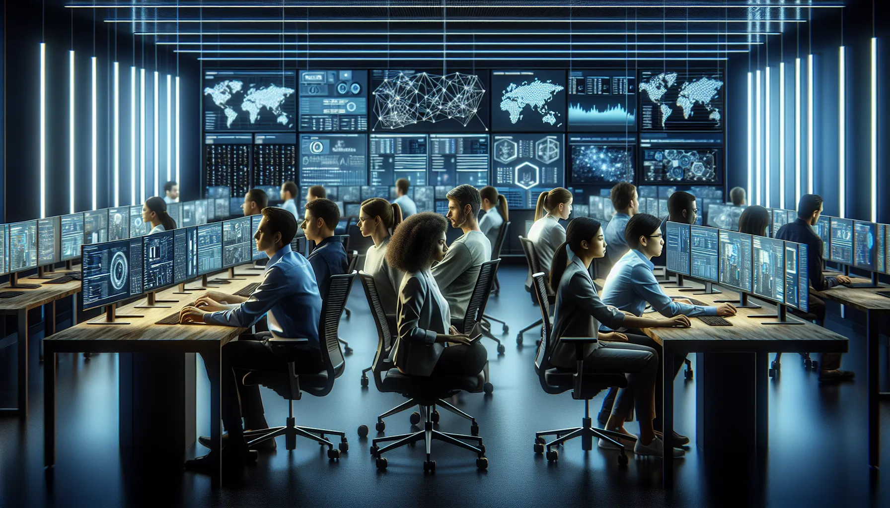 IT professionals collaborating in a modern network operations center.