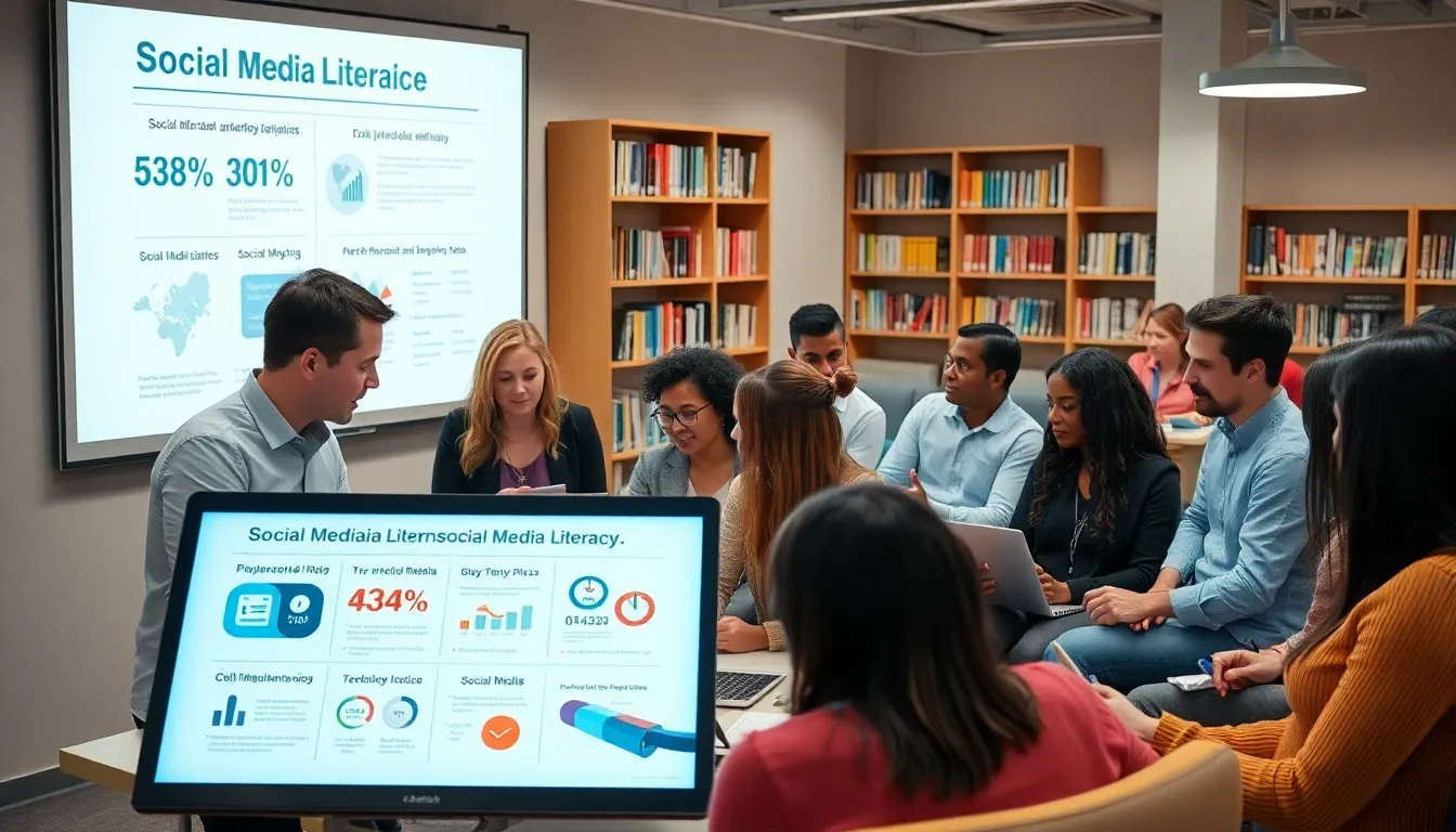 diverse group learning about social media literacy in a classroom.