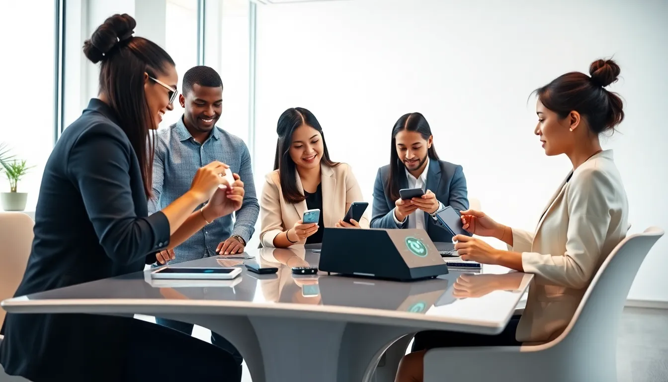 diverse team engaging with innovative gadgets in a modern office.