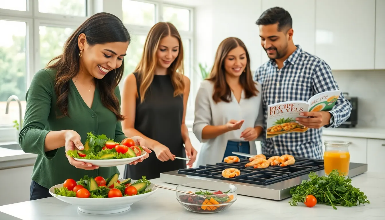 professionals preparing a healthy peskatrian meal in a modern kitchen.