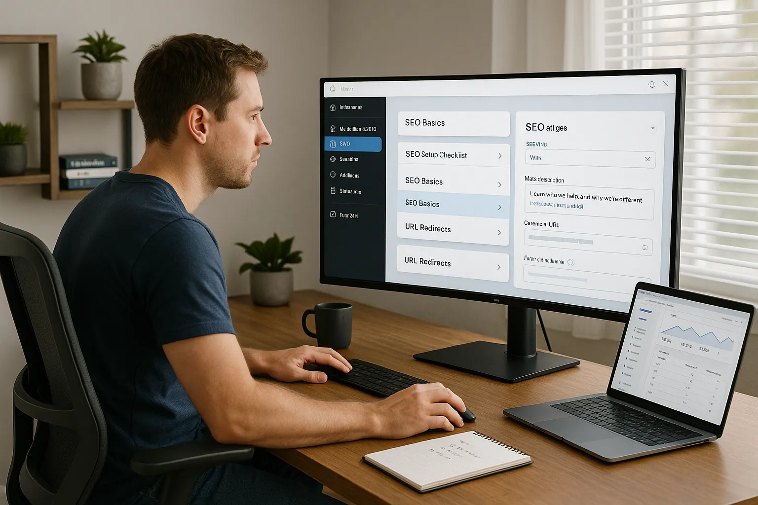 Marketer adjusting Wix SEO titles, meta descriptions, and redirects on a desktop computer.