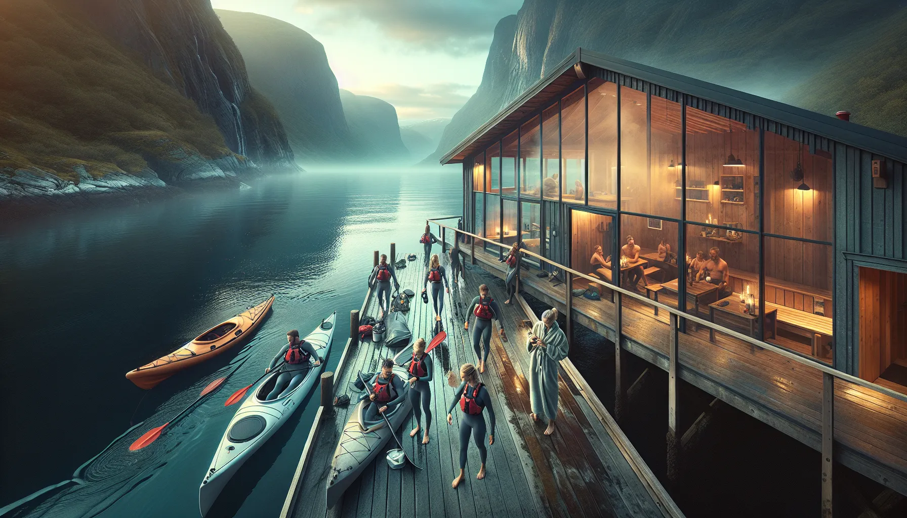 Colleagues by a norwegian fjord sauna, kayaks on the dock, mountains behind.