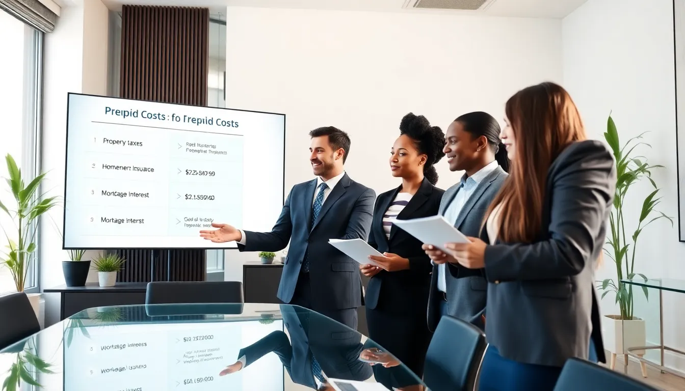 couple discussing prepaid costs with a financial advisor in a modern office.