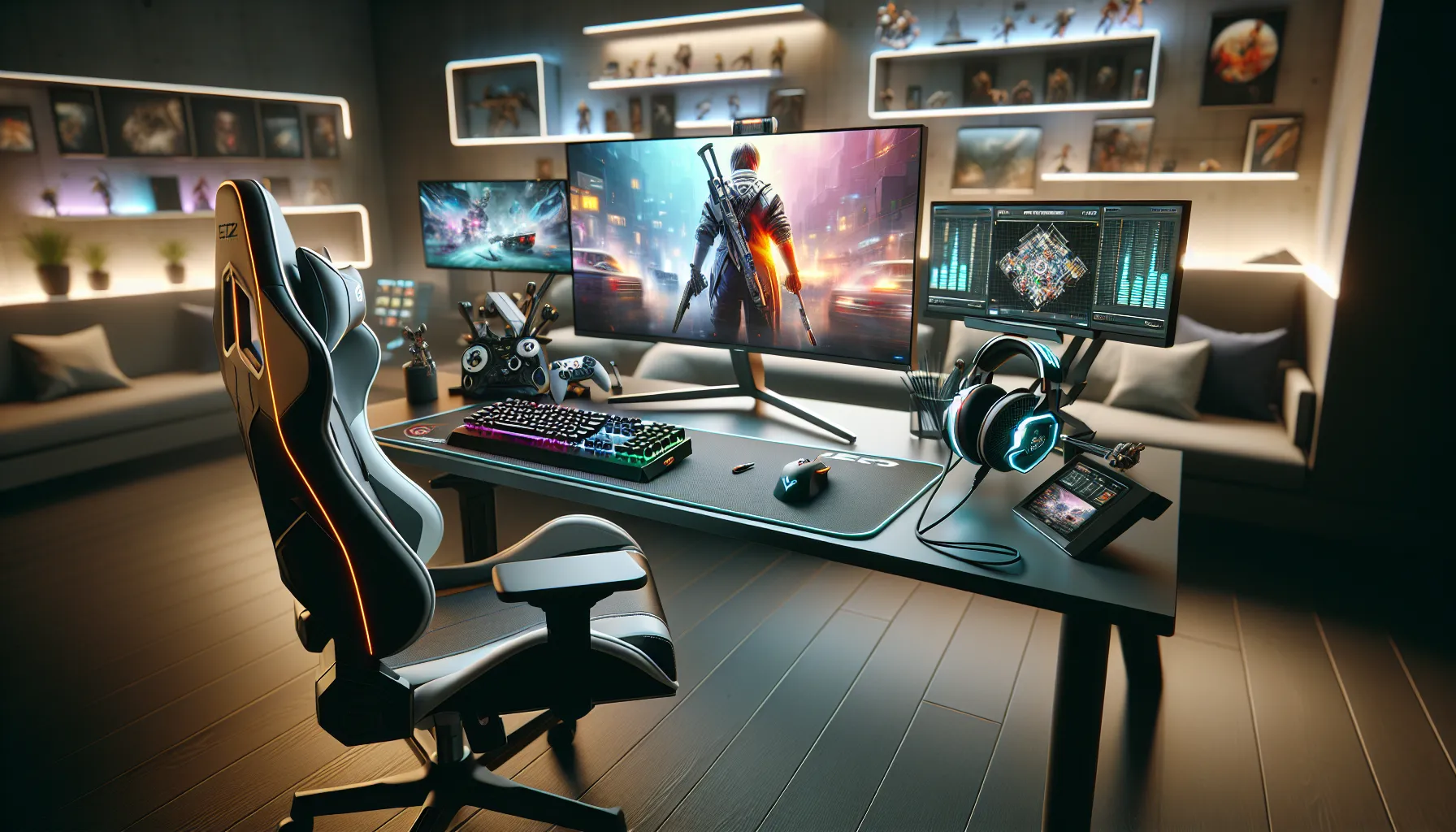 modern gaming setup with Scookiegear products and ergonomic chair.