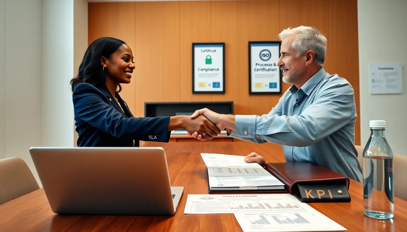 Two professionals shaking hands over SLA and certifications in a modern office.