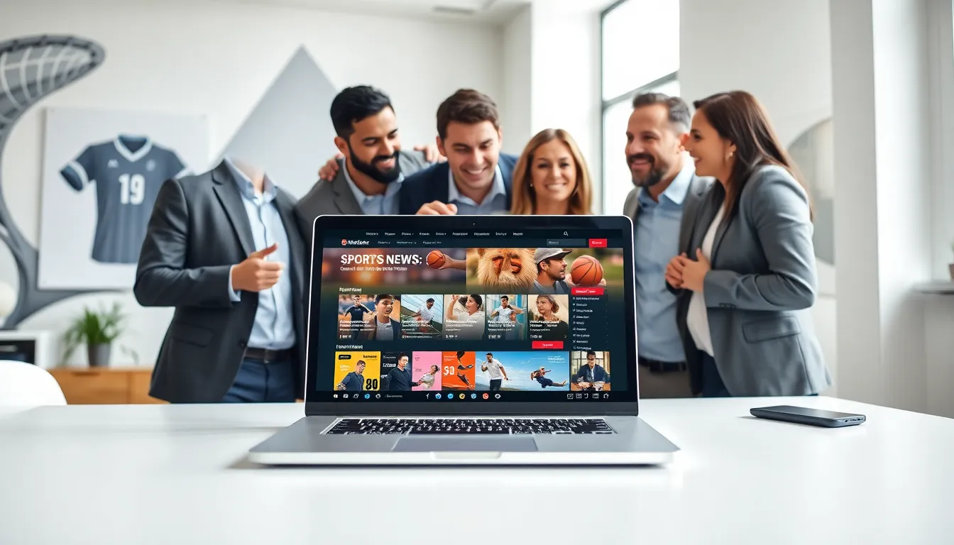 professionals discussing sports updates on a laptop in a modern office.
