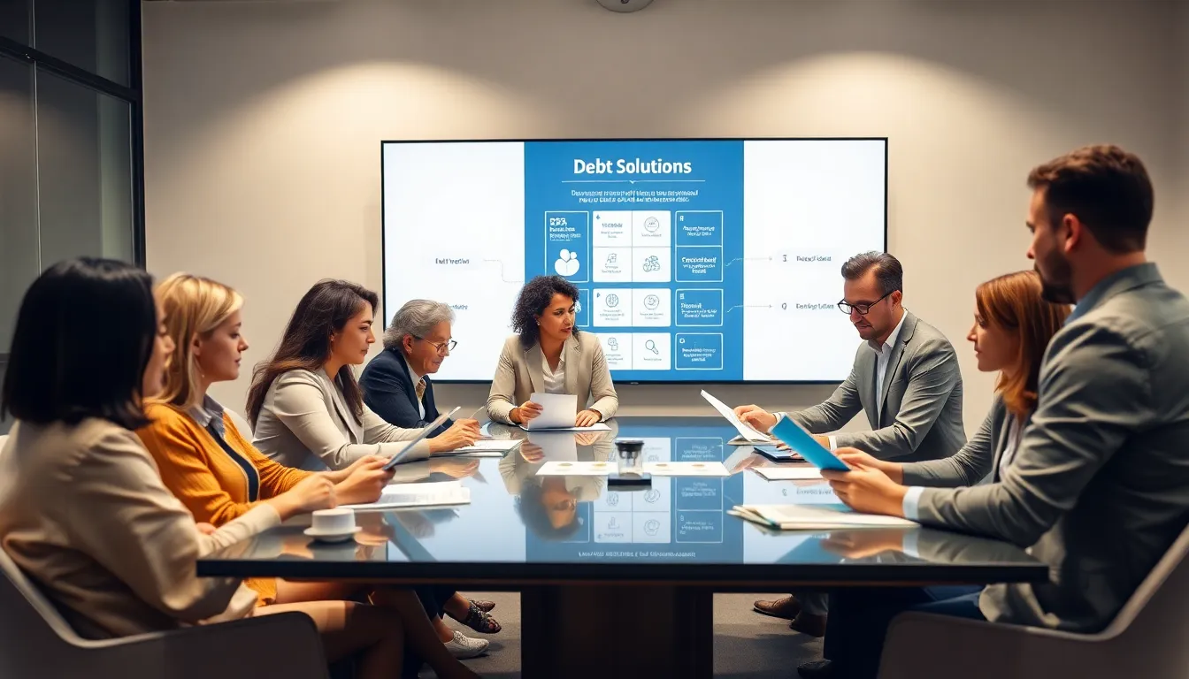 diverse financial professionals discussing debt solutions in a modern office.