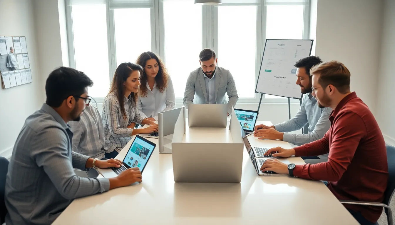 Diverse team of developers working on mobile app projects in a modern office.