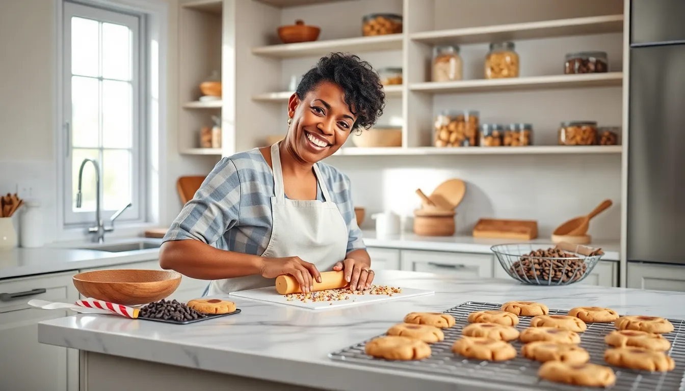 baker joyfully crafting cookies in a modern kitchen.