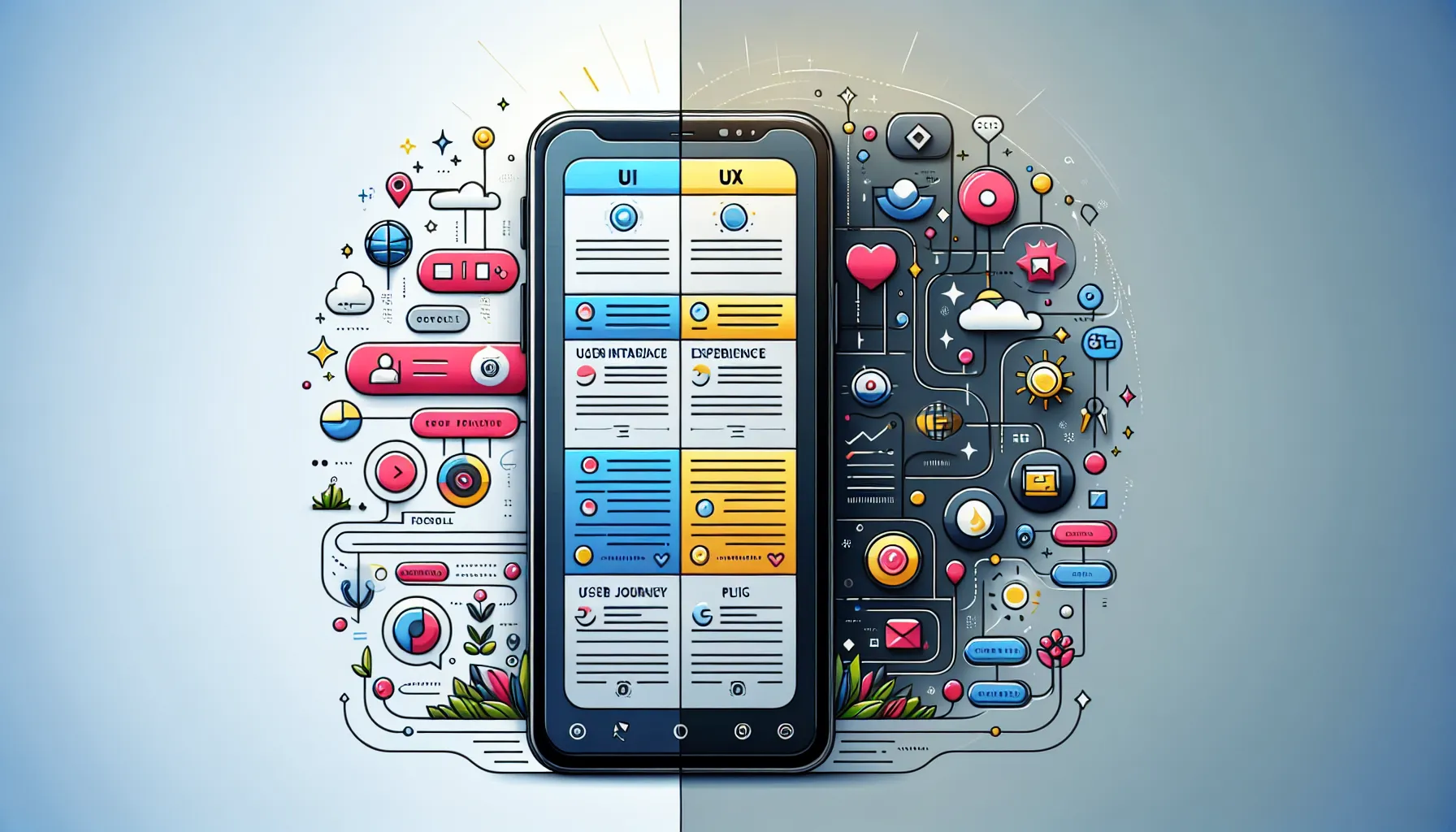 A smartphone split showing UI and UX concepts for a mobile app.