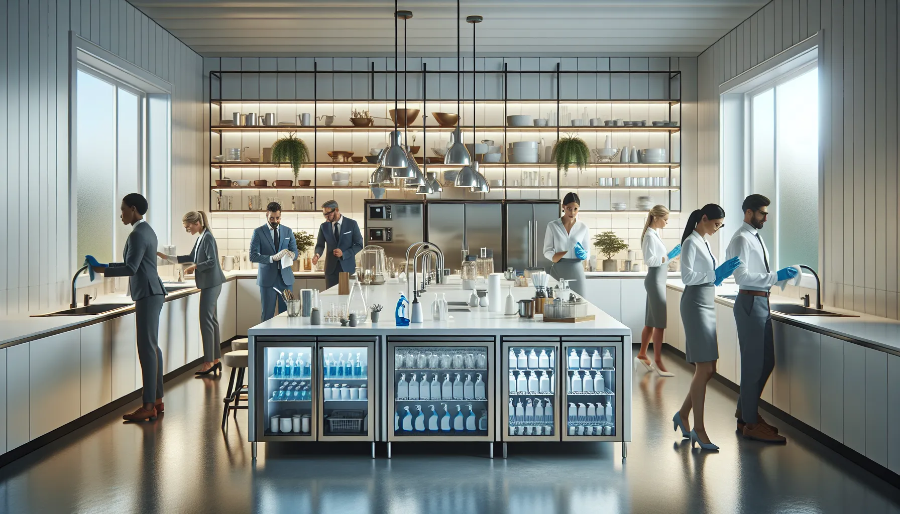Diverse professionals cleaning a spotless, modern office kitchen.