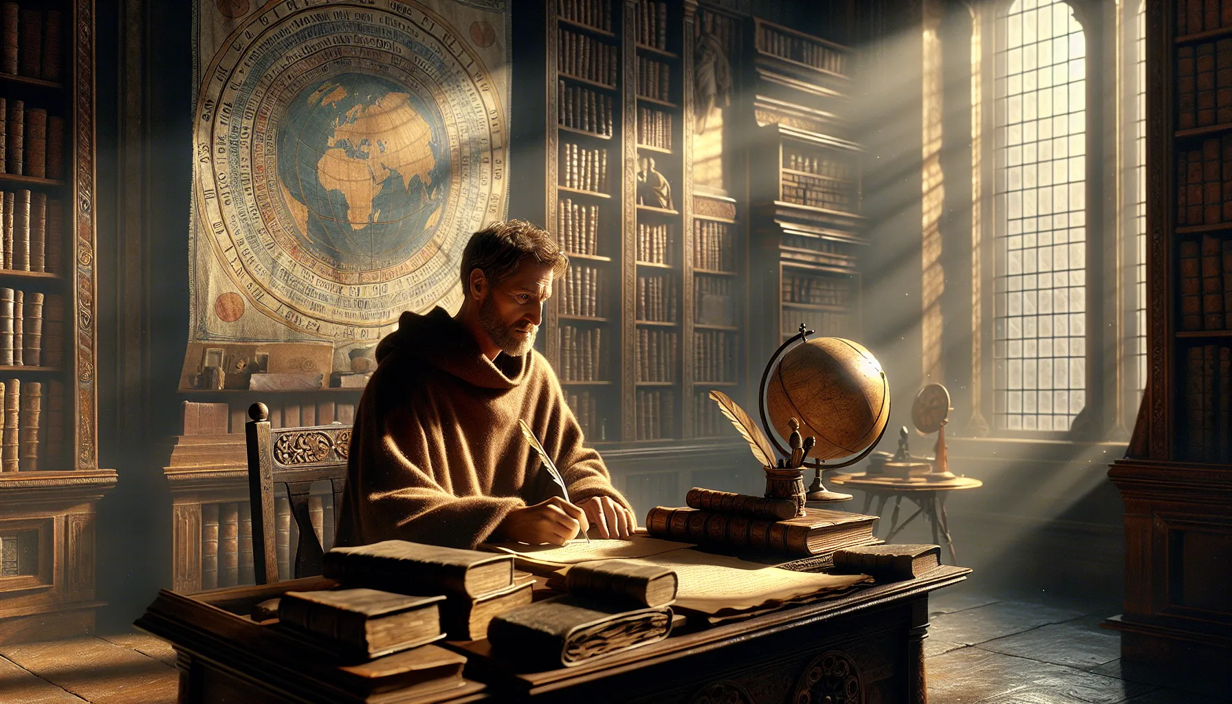 A monk writing about the BC and AD calendar system in a sunlit library.