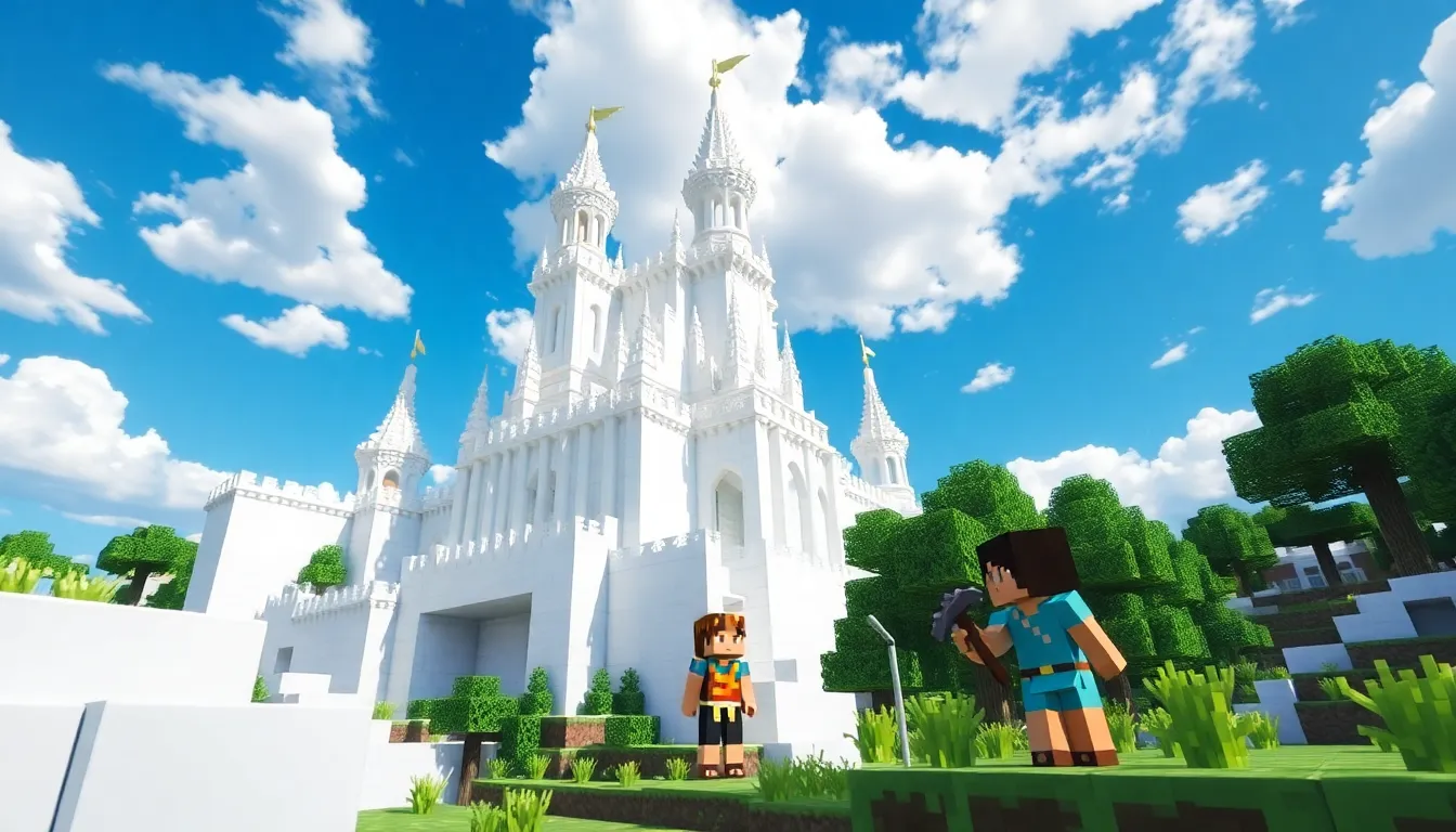 Minecraft castle made of white blocks in a vibrant landscape.