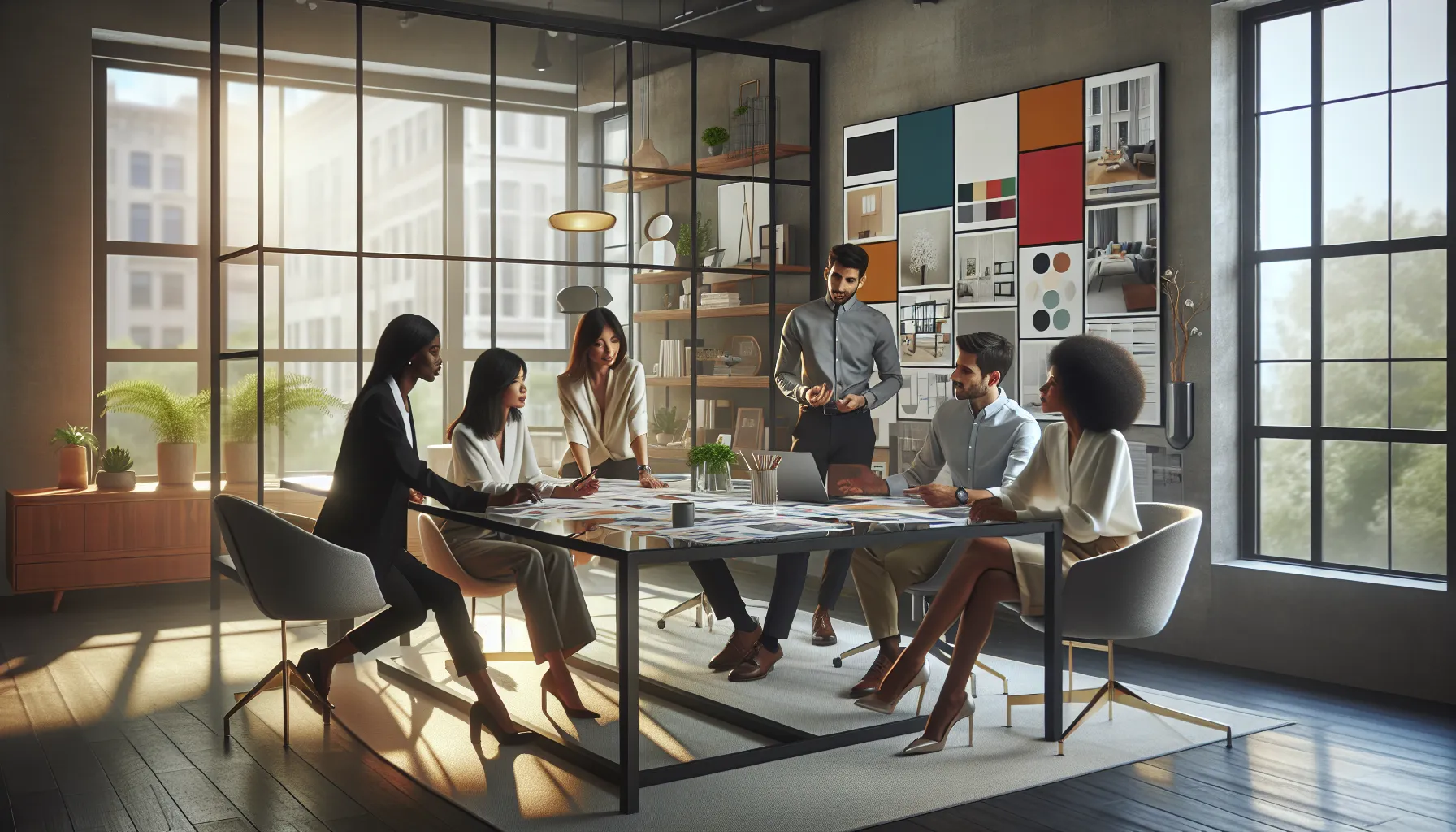 diverse team collaborating in a modern interior design studio.