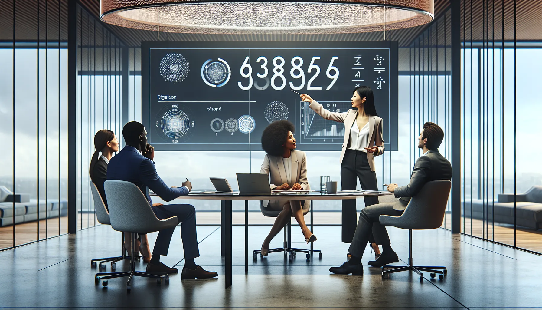 diverse team discussing interpretations of a number in a modern office.