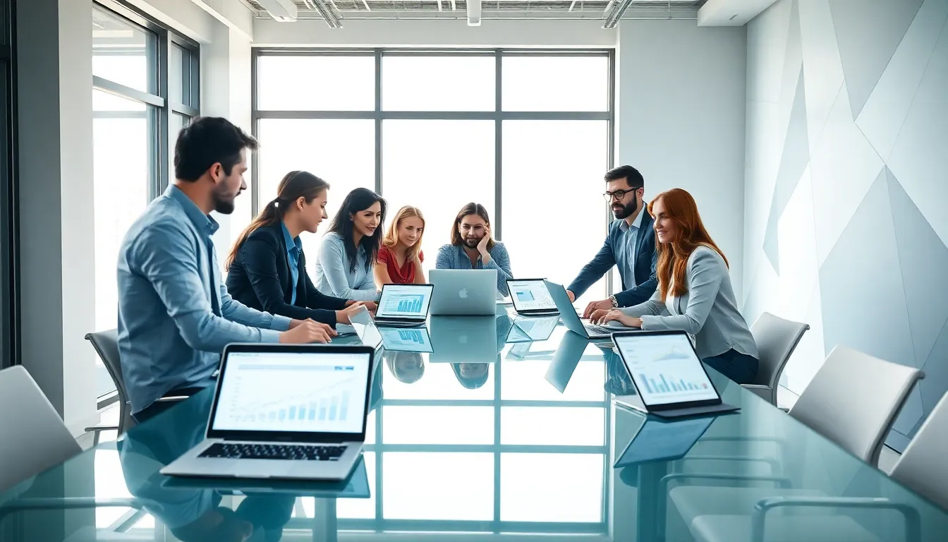 diverse marketing team brainstorming in a modern office setting.