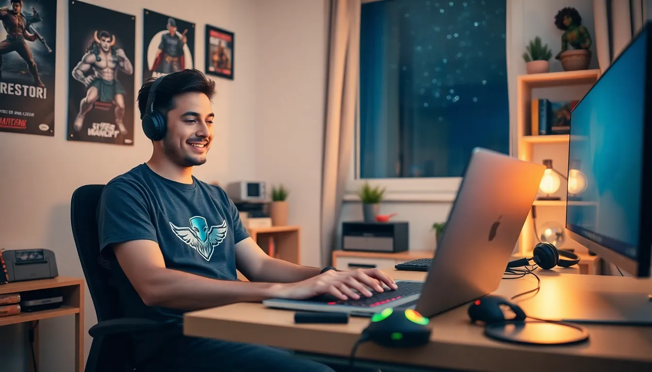 A gamer at a desk in a cozy home office filled with gaming memorabilia.