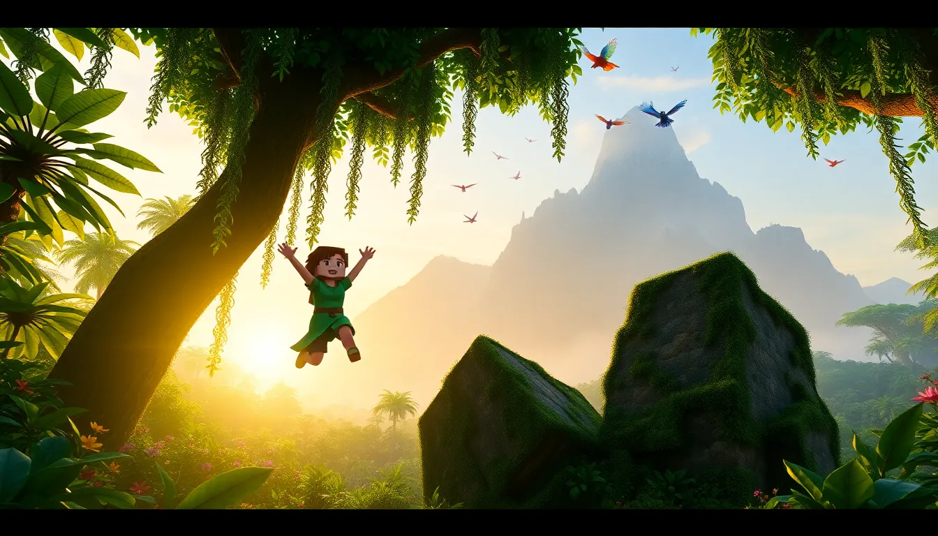 A girl character jumping in a vibrant Minecraft rainforest landscape.