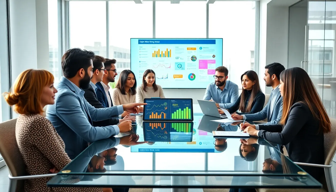 diverse team strategizing digital marketing in a modern office.